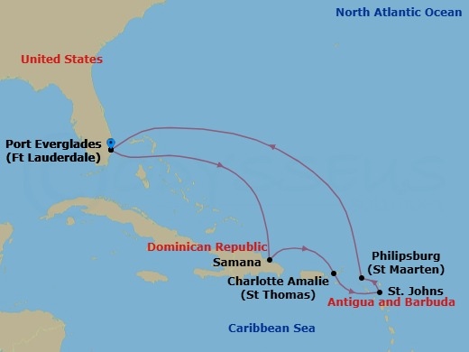 8 Nights Antigua,St Maarten,St Thomas, Samana Route Map