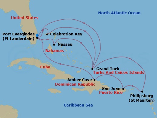 Eastern Caribbean Adventurer With Celebration Key Holiday Route Map