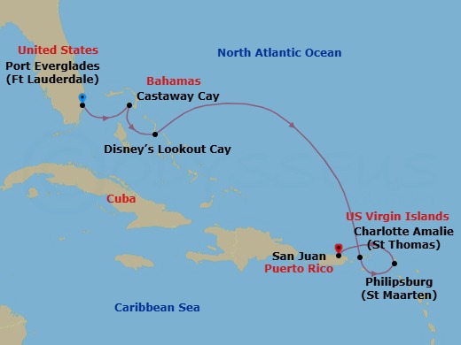 6-Night Eastern Caribbean Cruise From Fort Lauderdale Ending San Juan Route Map