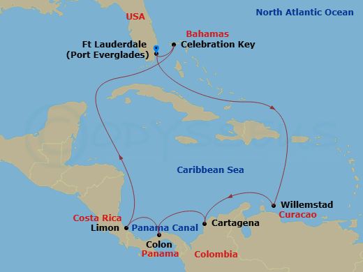 Panama Canal With Costa Rica & Caribbean Route Map