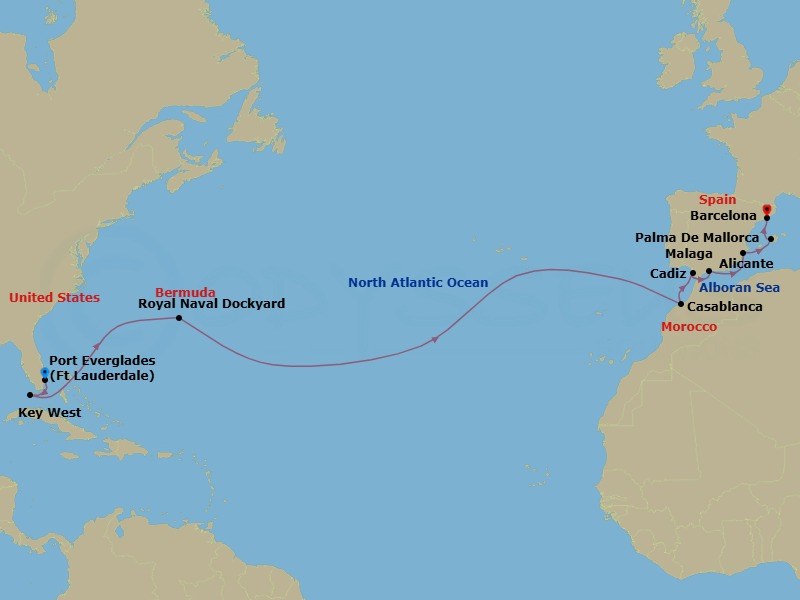 16 Night Spain & Morocco Transatlantic Route Map