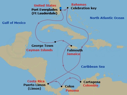 Panama Canal With Costa Rica & Caribbean Route Map