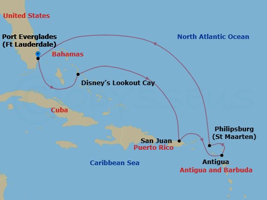 8-Night Eastern Caribbean Cruise From Fort Lauderdale Route Map
