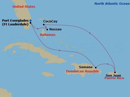 8 Nights Perfect Day Cococay & East Carib Route Map
