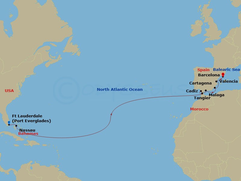 15 Night Spain & Morocco Transatlantic Route Map