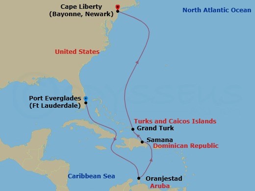 9 Night Fort Lauderdale To Cape Liberty Route Map