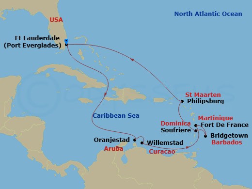 Southern Caribbean With Aruba Route Map