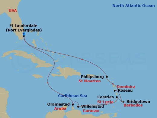 Southern Caribbean With Aruba Route Map