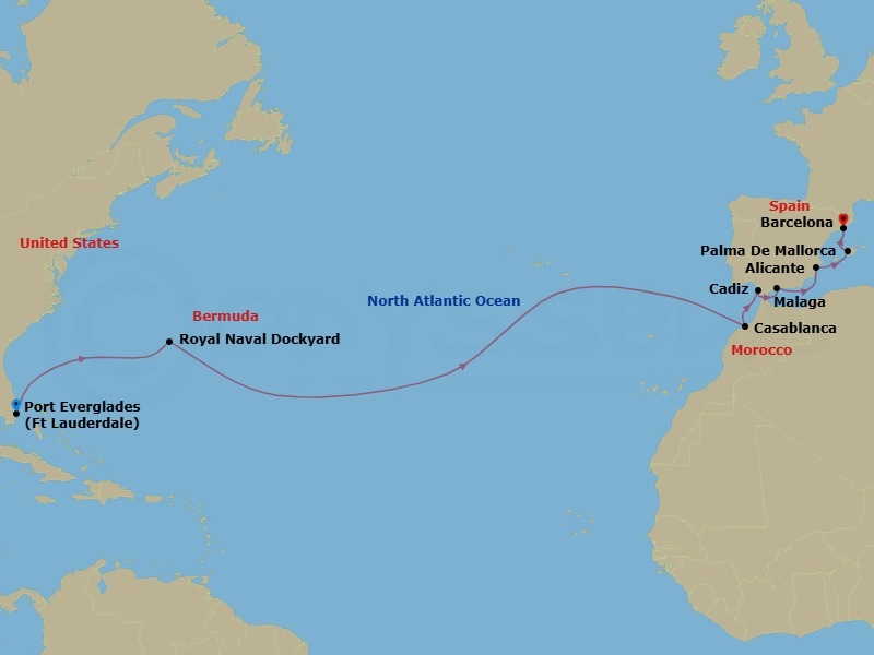 15 Night Spain & Morocco Transatlantic Route Map
