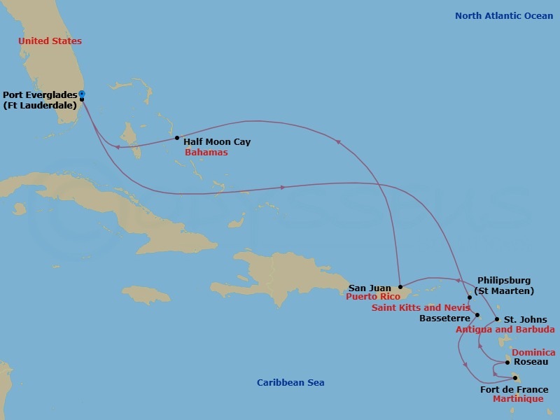 11-Day Eastern Caribbean: Windward & Leeward Islands Route Map