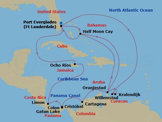 21-Day Southern Caribbean & Panama Canal: Abc Islands Route Map