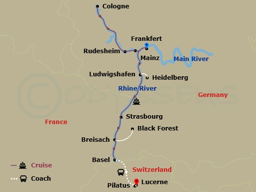 Christmastime On The Romantic Rhine With 2 Nights In Lucerne (Southbound) Route Map