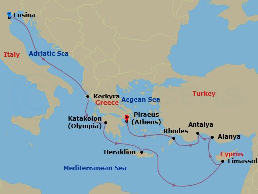 Azamara Circle Cruise: Greece, Cyprus & Turkey Route Map