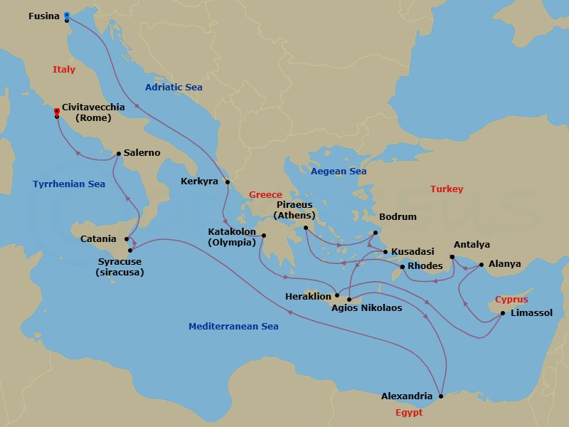 Turkey, Egypt & Italy Combination Cruise: Ephesus, Alexandria & Amalfi Coast Route Map