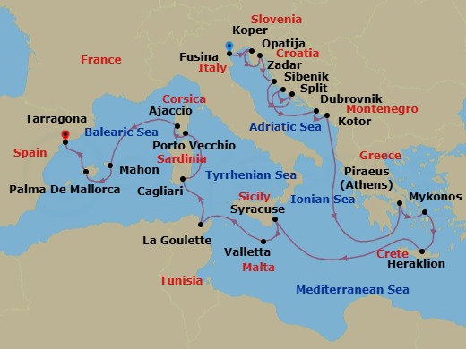 Italy, Croatia & Spain Combination Cruise: Venice, Split & Majorca Route Map