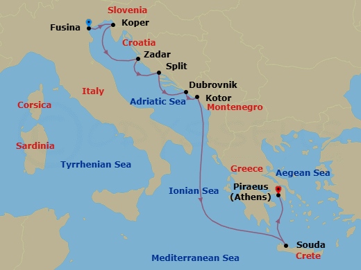 Croatia, Montenegro & Greece Cruise: Dubrovnik, Kotor & Athens Route Map