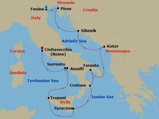 Italy Intensive Cruise: Taranto, Sicily & Amalfi Route Map