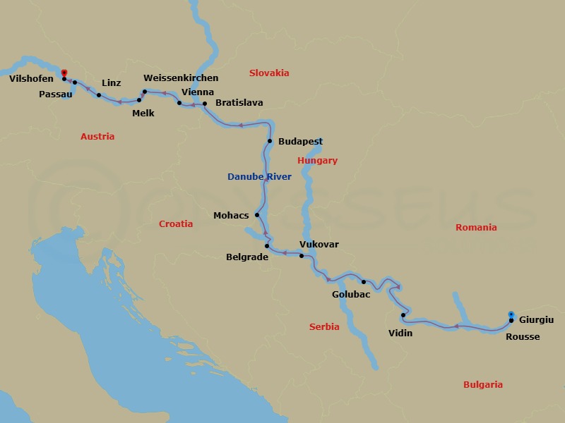 14 Night Grand Danube (Christmas Day Celebration) Route Map