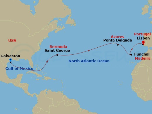 Carnival Journeys - 14 Day Transatlantic Route Map