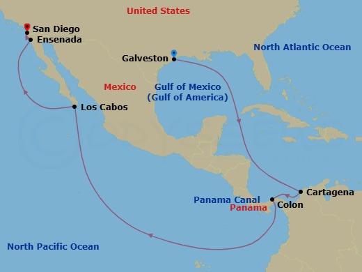 14-Night Westbound Panama Canal Cruise From Galveston Ending In San Diego Route Map