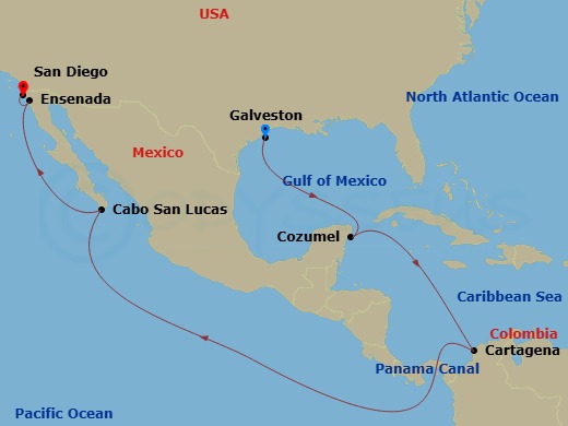 14-Night Westbound Panama Canal Cruise From Galveston Ending In San Diego Route Map
