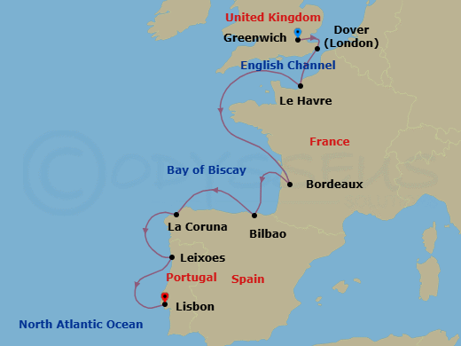 Iberia, France & England Explorer Route Map