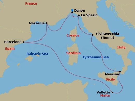 Mediterranean, 8 Nights Route Map