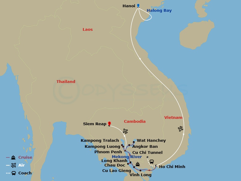 Fascinating Vietnam, Cambodia & The Mekong River With Hanoi & Ha Long Bay (Northbound) Route Map