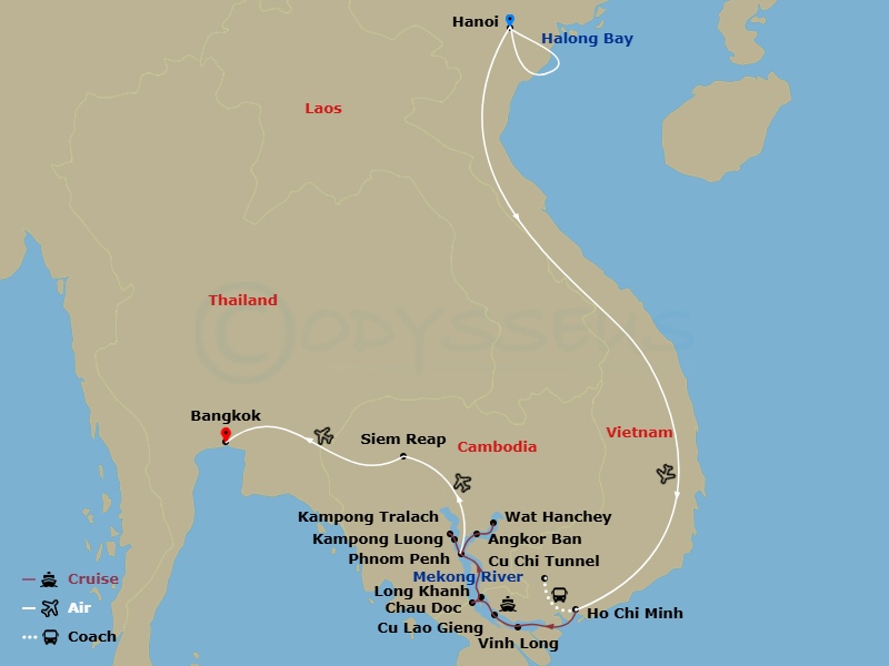 Fascinating Vietnam, Cambodia & The Mekong River With Hanoi, Ha Long Bay & Bangkok (Northbound) Route Map