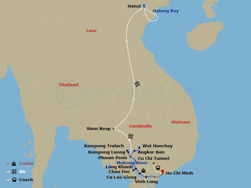 Fascinating Vietnam, Cambodia & The Mekong River With Hanoi & Ha Long Bay (Southbound) Route Map
