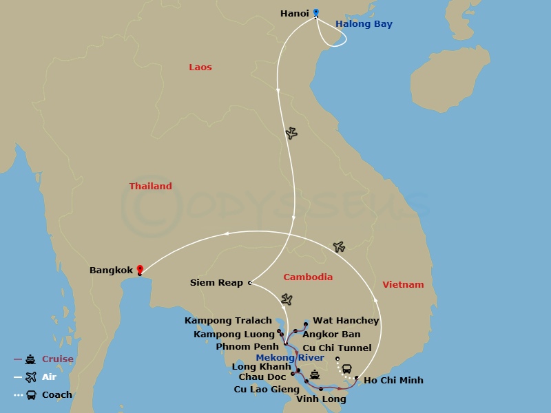 Fascinating Vietnam, Cambodia & The Mekong River With Hanoi, Ha Long Bay & Bangkok (Southbound) Route Map