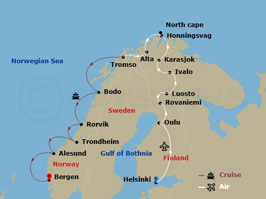 Top Of Scandinavia With Arctic Circle With Coastal Cruise Route Map