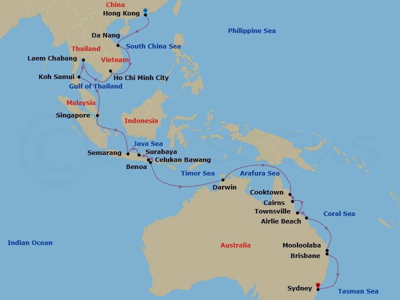 Vietnam, Indonesia & Australia Combination Cruise: Ha Long Bay, Bali & Brisbane Route Map
