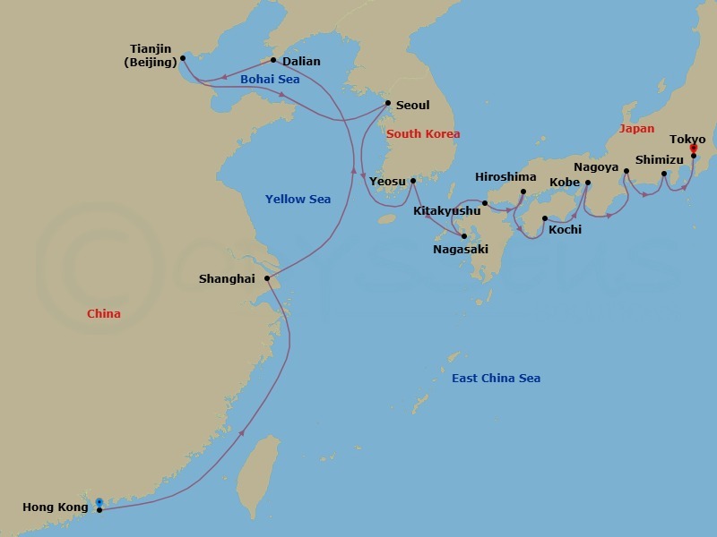 China, Korea & Japan Combination Cruise: Beijing, Seoul & Tokyo Route Map