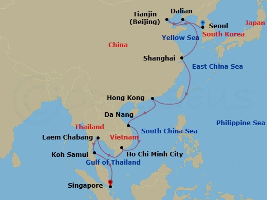 China, Vietnam & Thailand Combination Cruise: Shanghai, Da Nang & Bangkok Route Map