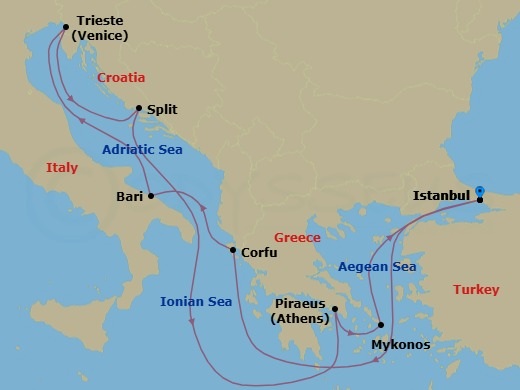 Mediterranean, 9 Nights Route Map