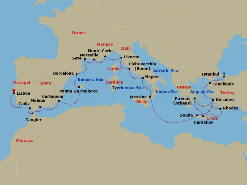 Iberia, The Mediterranean & Aegean Route Map