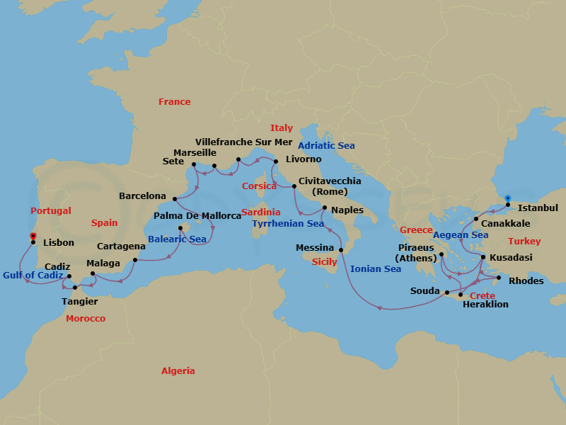 Iberia, The Mediterranean & Aegean Route Map
