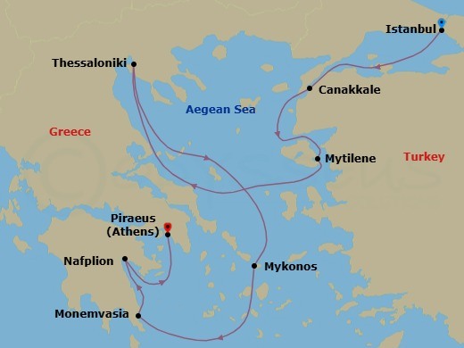 Greece Intensive Cruise: Thessaloniki, Mykonos & Athens Route Map