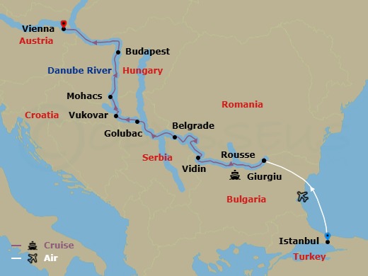 7 Night Gems Of Southeast Europe (Wine Cruise) With 3 Nights Istanbul Pre-Cruise And 2 Nights Vienna Post-Cruise Route Map
