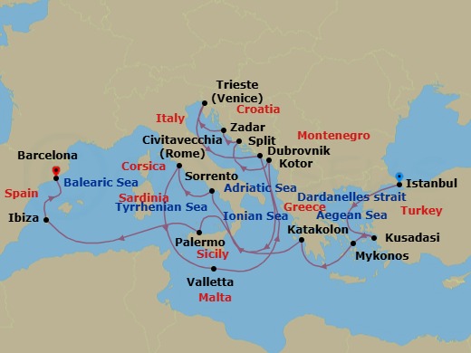 Mediterranean, Adriatic And Greece Route Map