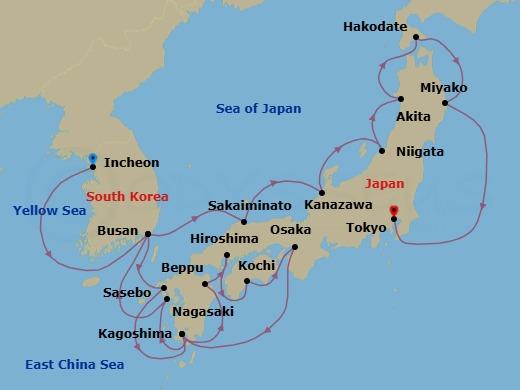 22 Night Asia and Asia Pacific Voyage Route Map