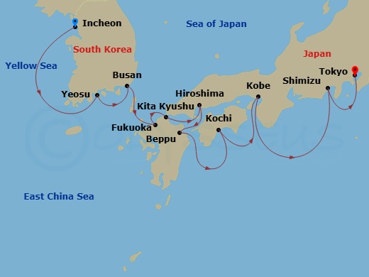 Japan & South Korea Cruise: Seoul, Kobe & Tokyo Route Map