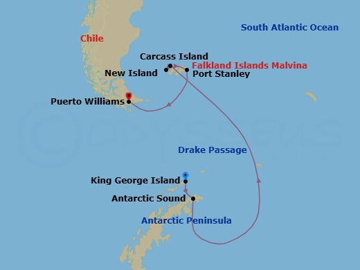 King George Island To Puerto Williams Route Map
