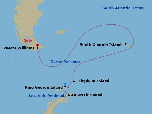 King George Island To Puerto Williams Route Map