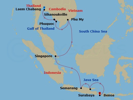 Holiday Expedition: Jewels Of Southeast Asia: Thailand, Malaysia, Vietnam, Cambodia, Singapore & Indonesia Route Map
