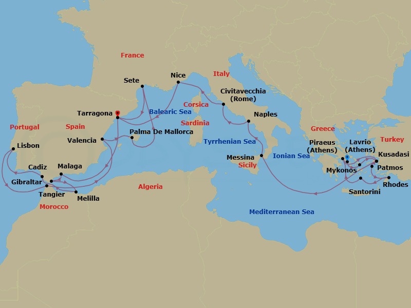 26N Combination Cruise Athens To Tarragona Route Map