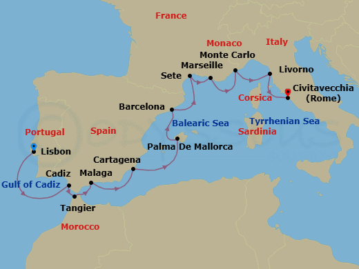Spain, Portugal & The Mediterranean Route Map