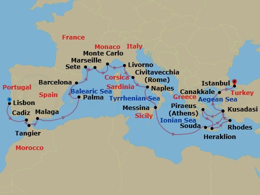 Iberia, The Mediterranean & Aegean Route Map
