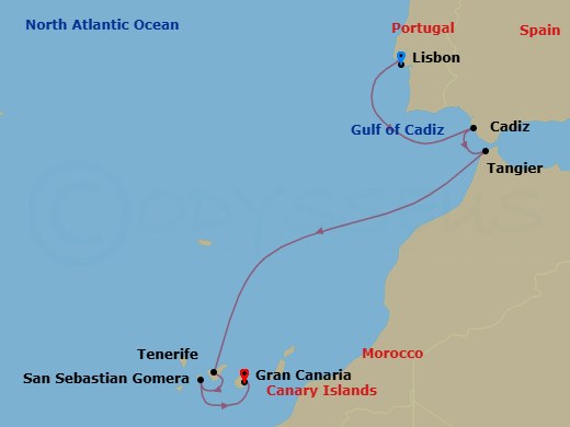 Portugal, Morocco & Spain Cruise: Lisbon, Tangier & Tenerife Route Map